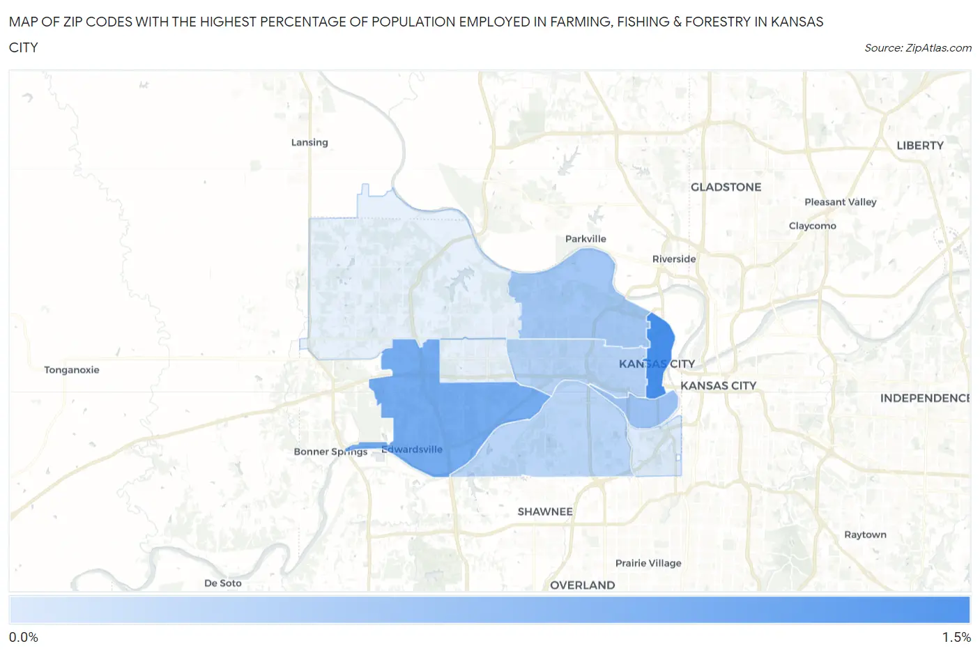 Zip Codes with the Highest Percentage of Population Employed in Farming, Fishing & Forestry in Kansas City Map