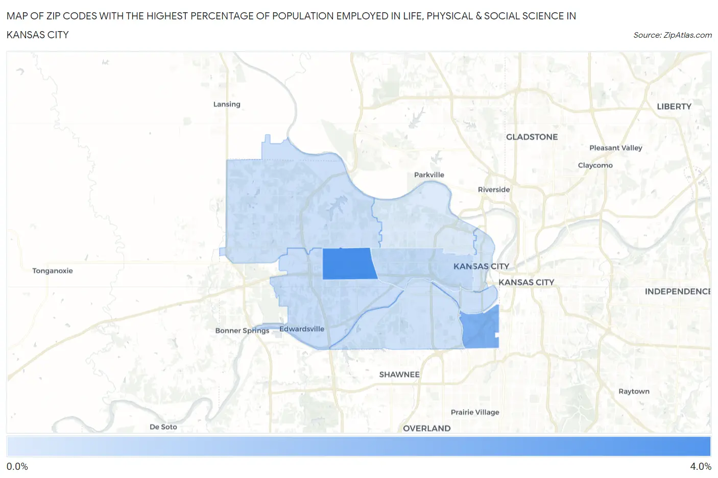 Zip Codes with the Highest Percentage of Population Employed in Life, Physical & Social Science in Kansas City Map
