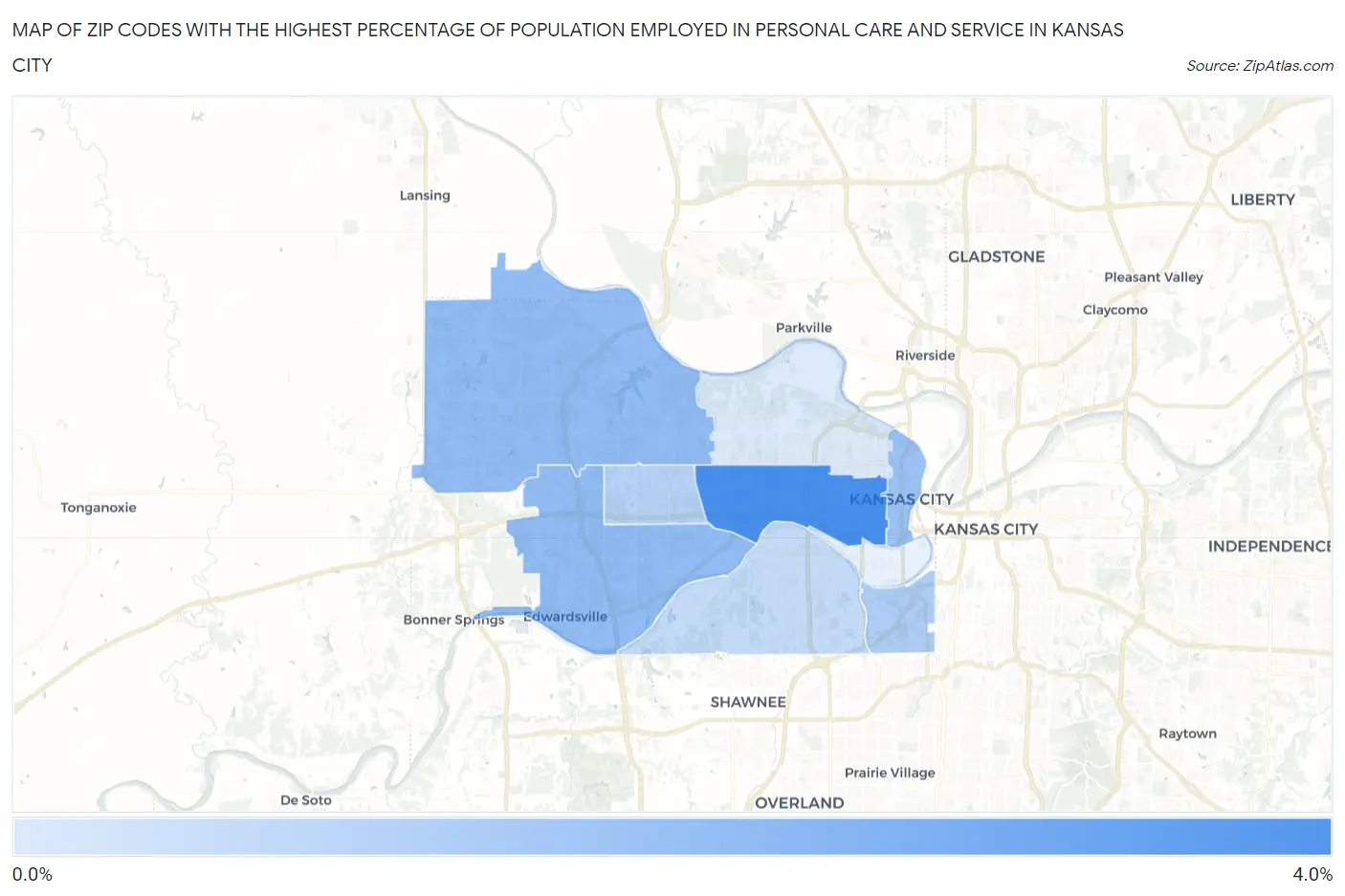 Zip Codes with the Highest Percentage of Population Employed in Personal Care and Service in Kansas City Map