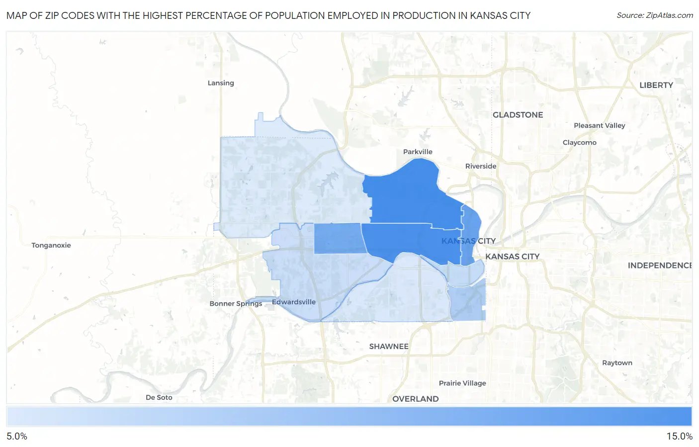 Zip Codes with the Highest Percentage of Population Employed in Production in Kansas City Map