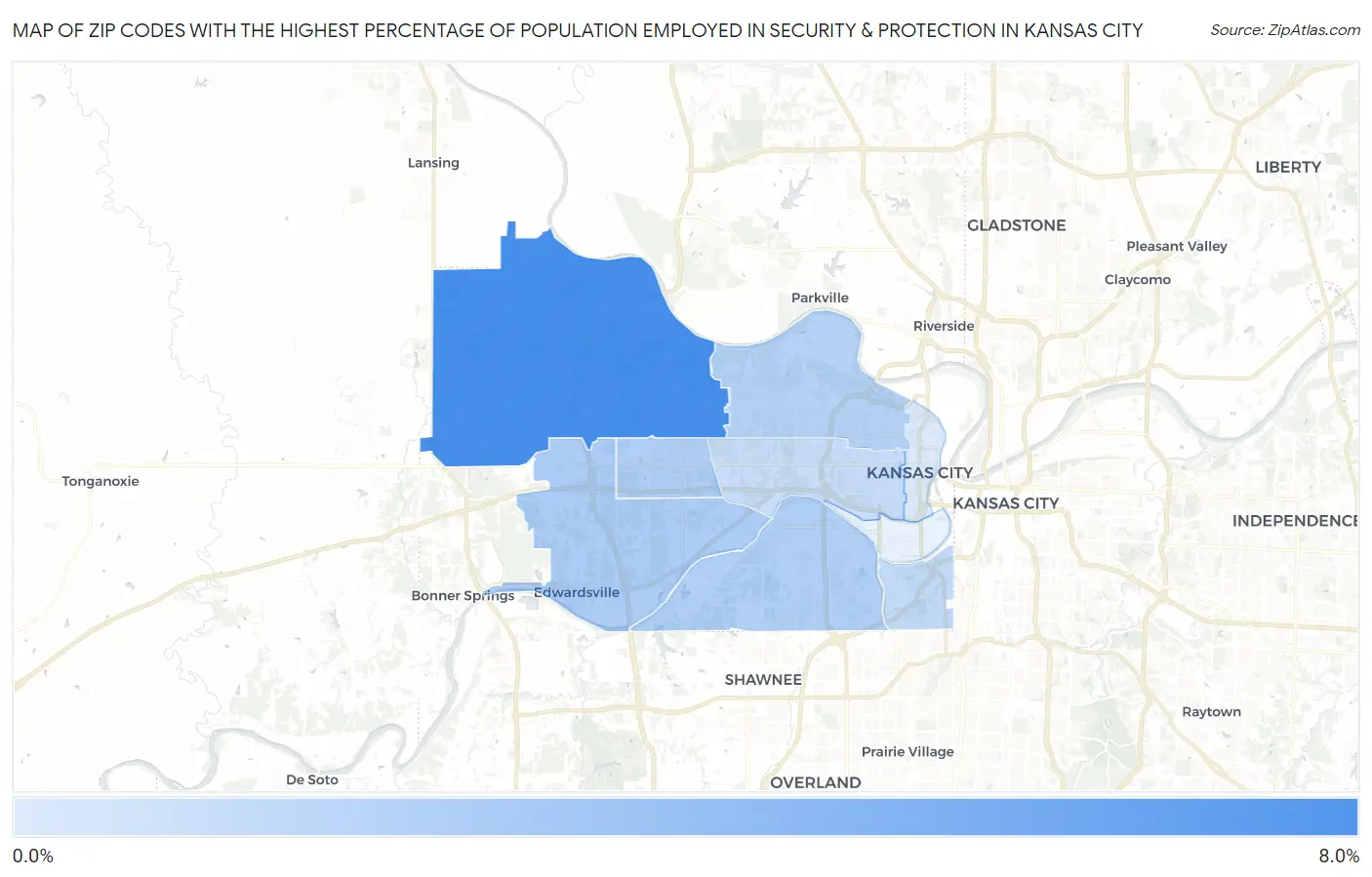 Zip Codes with the Highest Percentage of Population Employed in Security & Protection in Kansas City Map