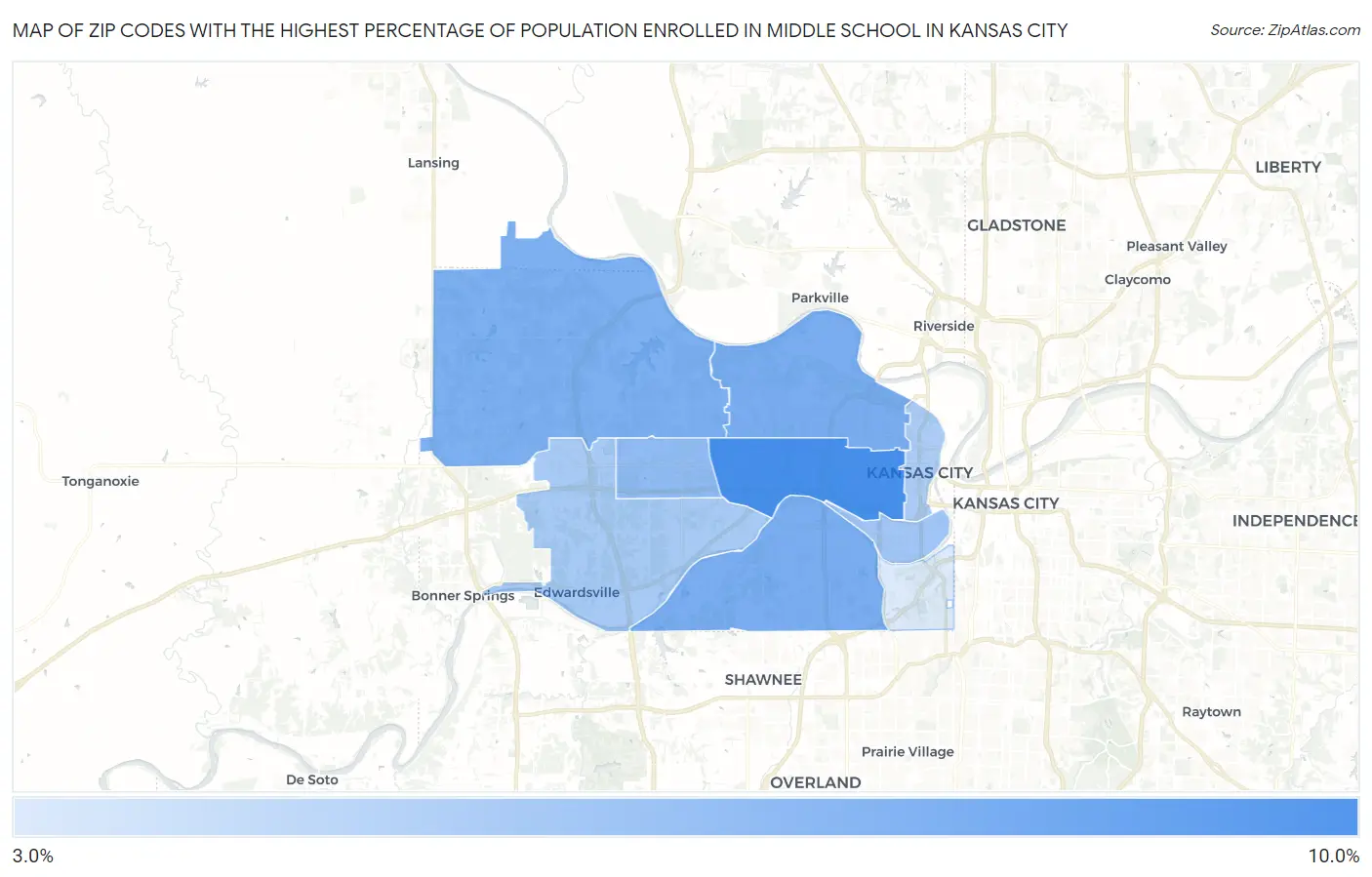 Zip Codes with the Highest Percentage of Population Enrolled in Middle School in Kansas City Map