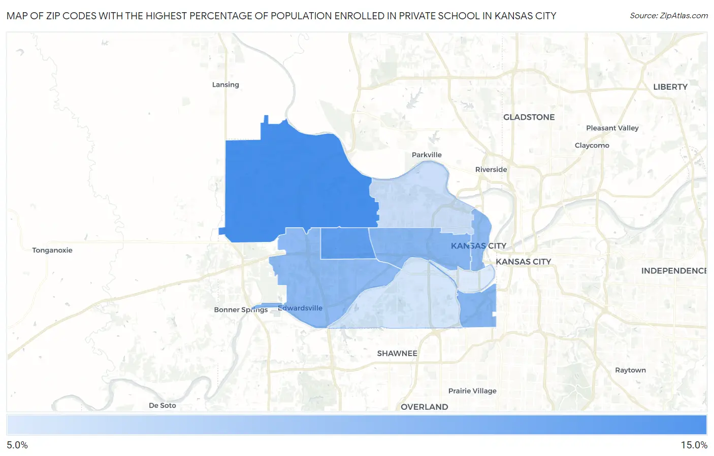 Zip Codes with the Highest Percentage of Population Enrolled in Private School in Kansas City Map