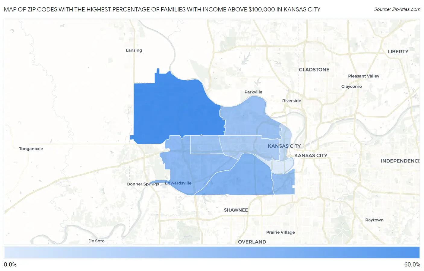 Zip Codes with the Highest Percentage of Families with Income Above $100,000 in Kansas City Map