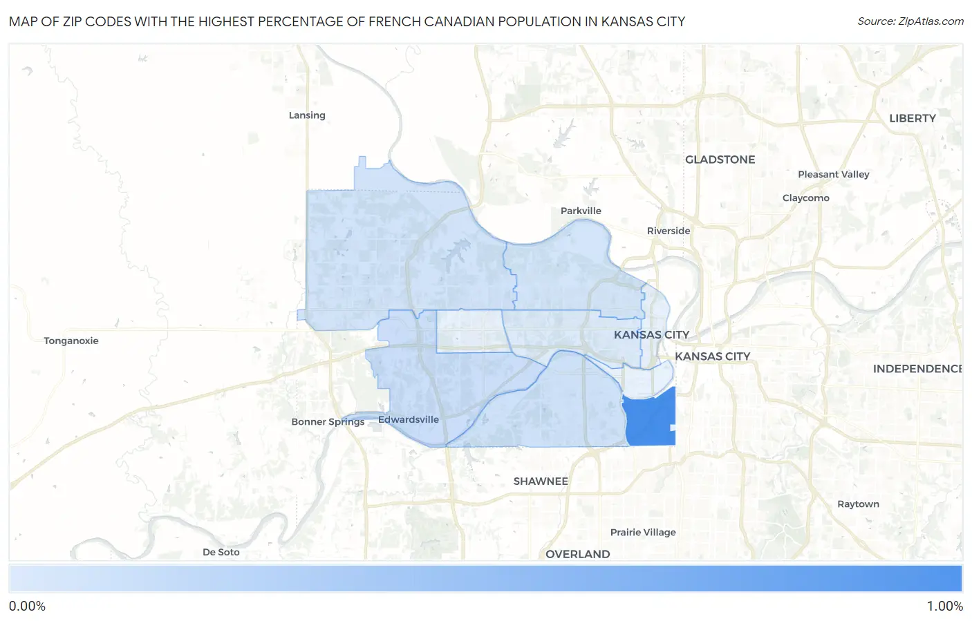 Zip Codes with the Highest Percentage of French Canadian Population in Kansas City Map