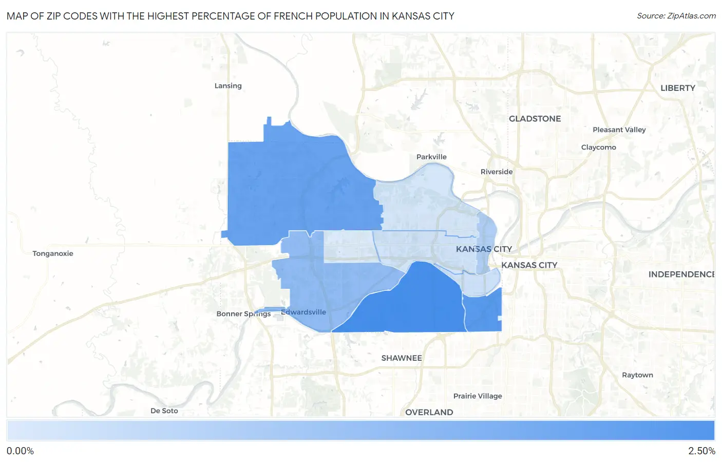 Zip Codes with the Highest Percentage of French Population in Kansas City Map