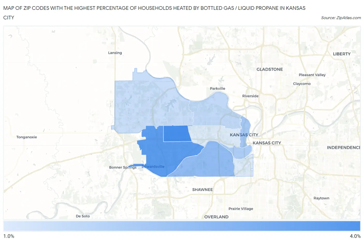 Zip Codes with the Highest Percentage of Households Heated by Bottled Gas / Liquid Propane in Kansas City Map