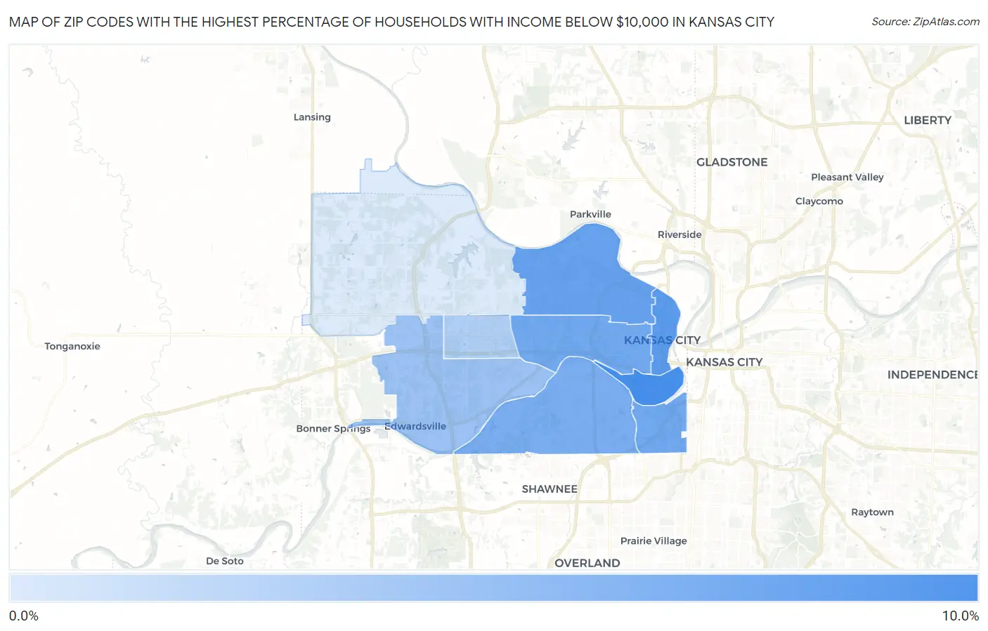 Zip Codes with the Highest Percentage of Households with Income Below $10,000 in Kansas City Map
