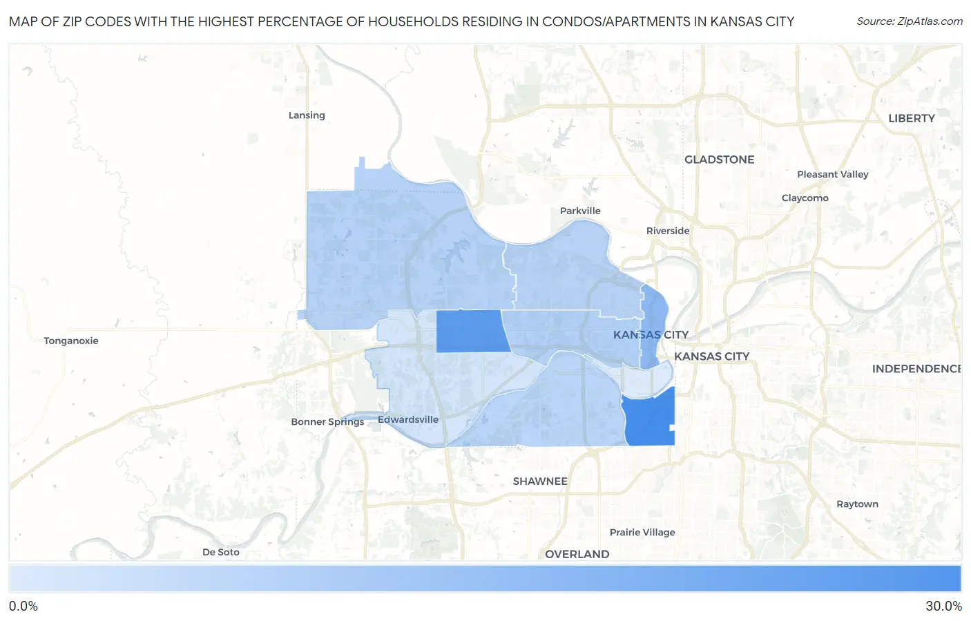 Zip Codes with the Highest Percentage of Households Residing in Condos/Apartments in Kansas City Map