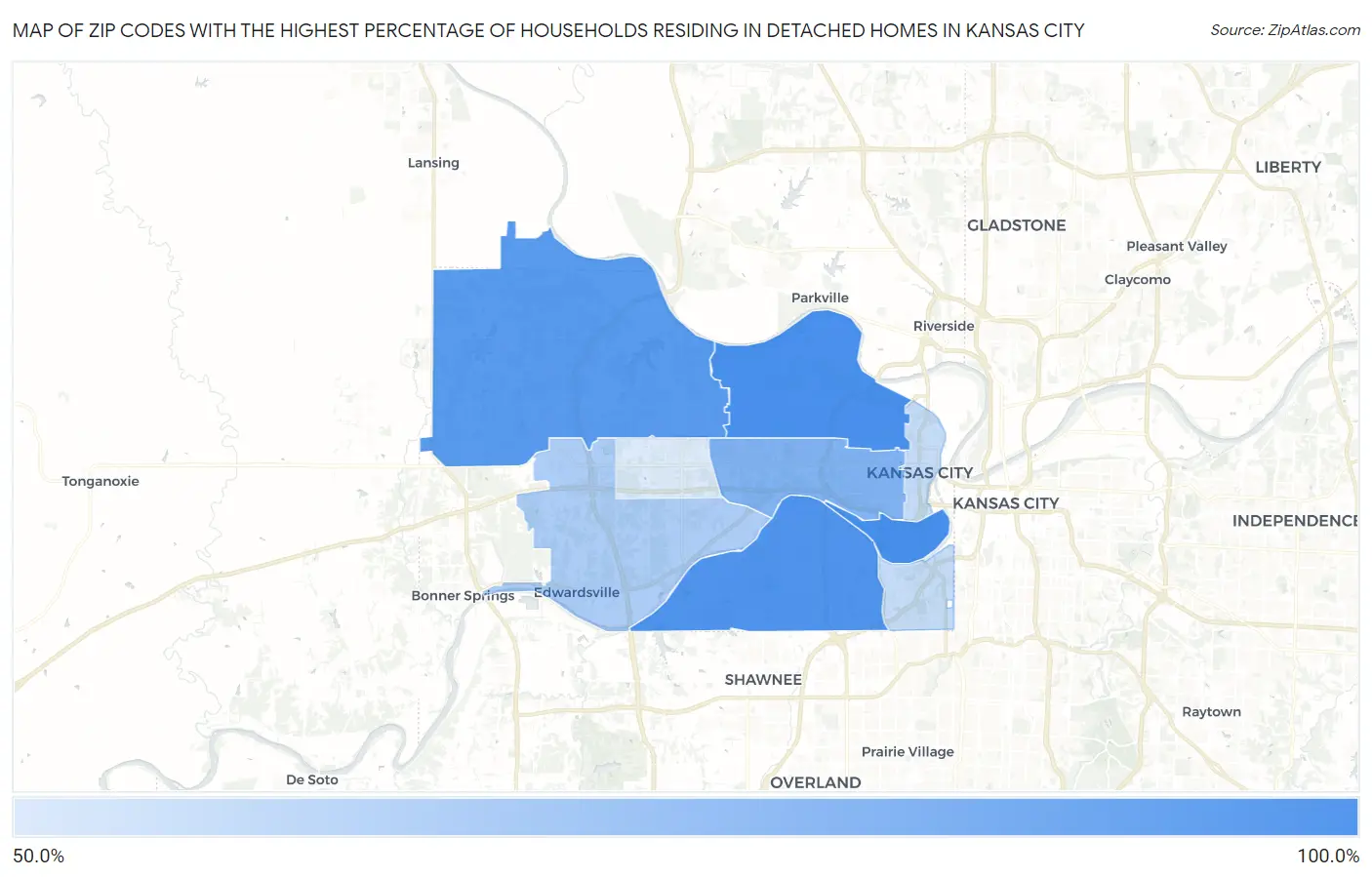 Zip Codes with the Highest Percentage of Households Residing in Detached Homes in Kansas City Map