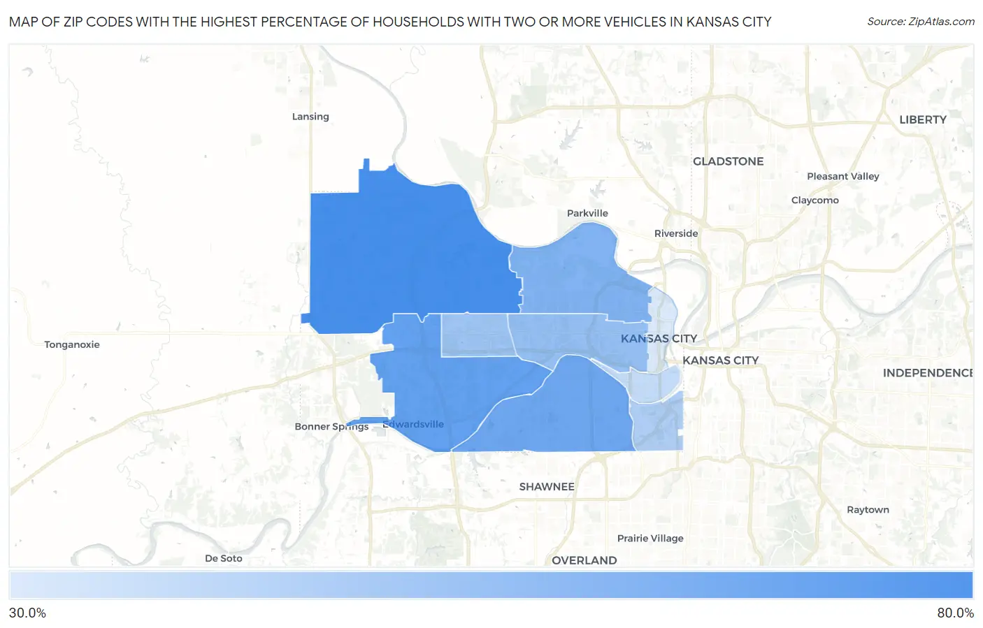 Zip Codes with the Highest Percentage of Households With Two or more Vehicles in Kansas City Map