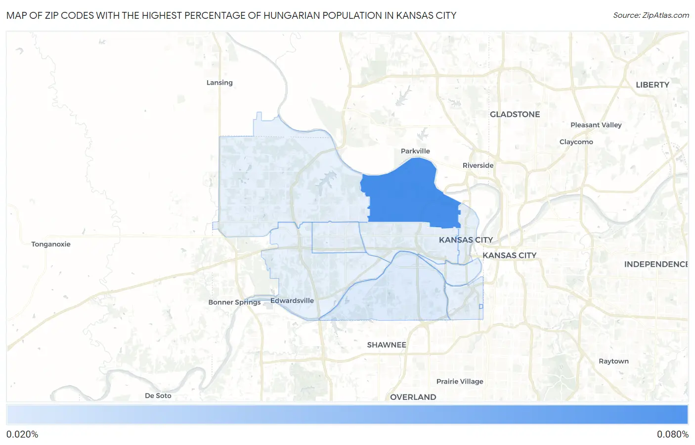 Zip Codes with the Highest Percentage of Hungarian Population in Kansas City Map