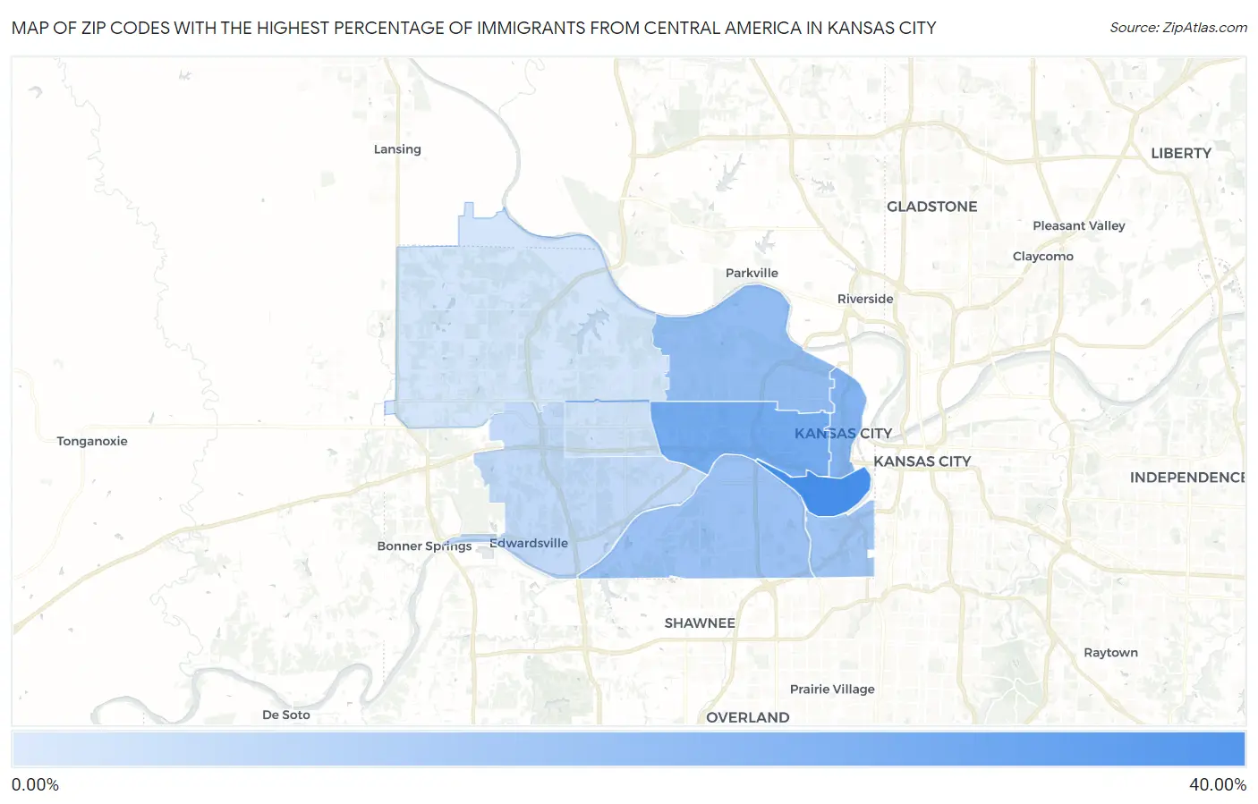 Zip Codes with the Highest Percentage of Immigrants from Central America in Kansas City Map