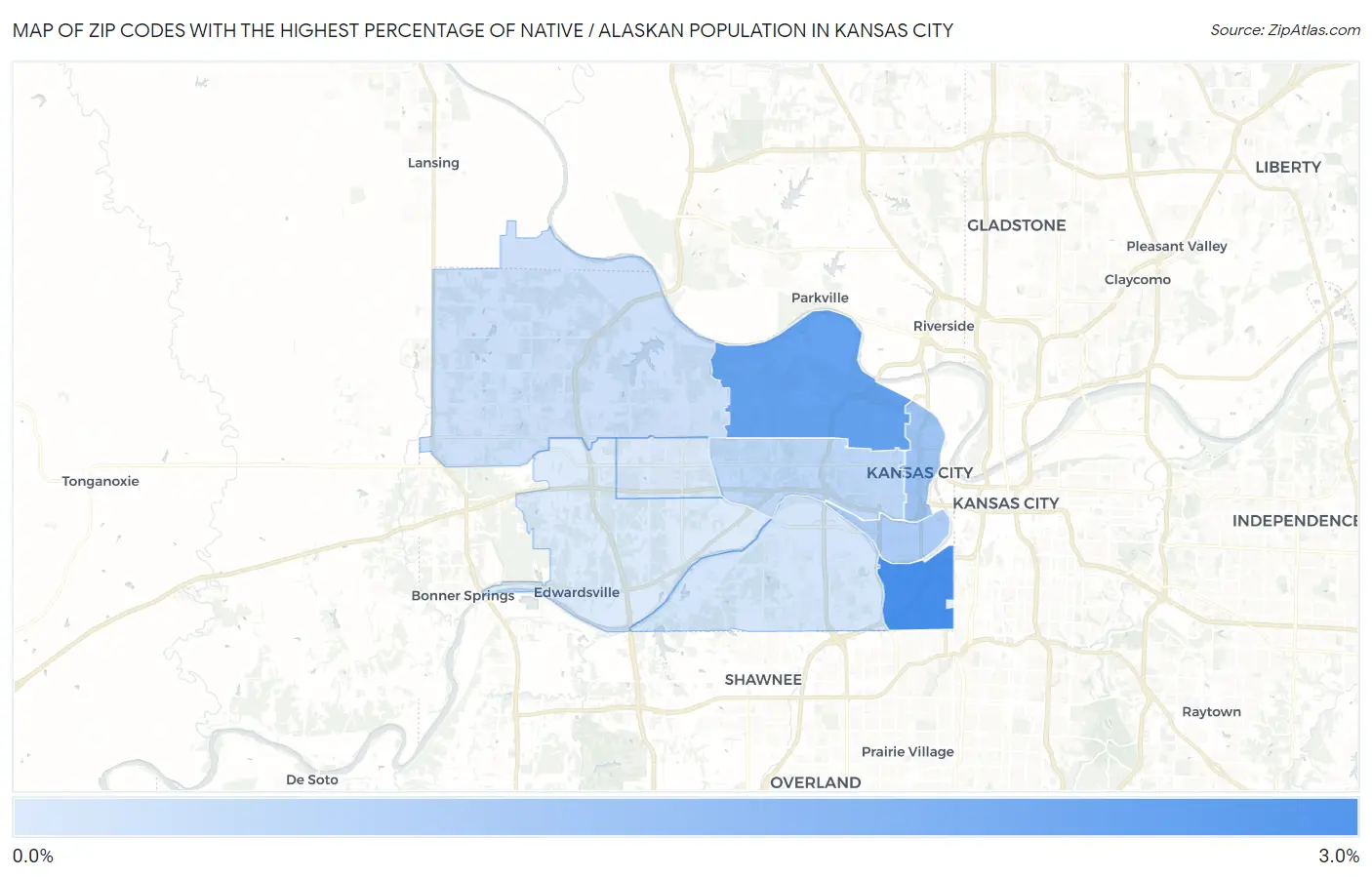 Zip Codes with the Highest Percentage of Native / Alaskan Population in Kansas City Map