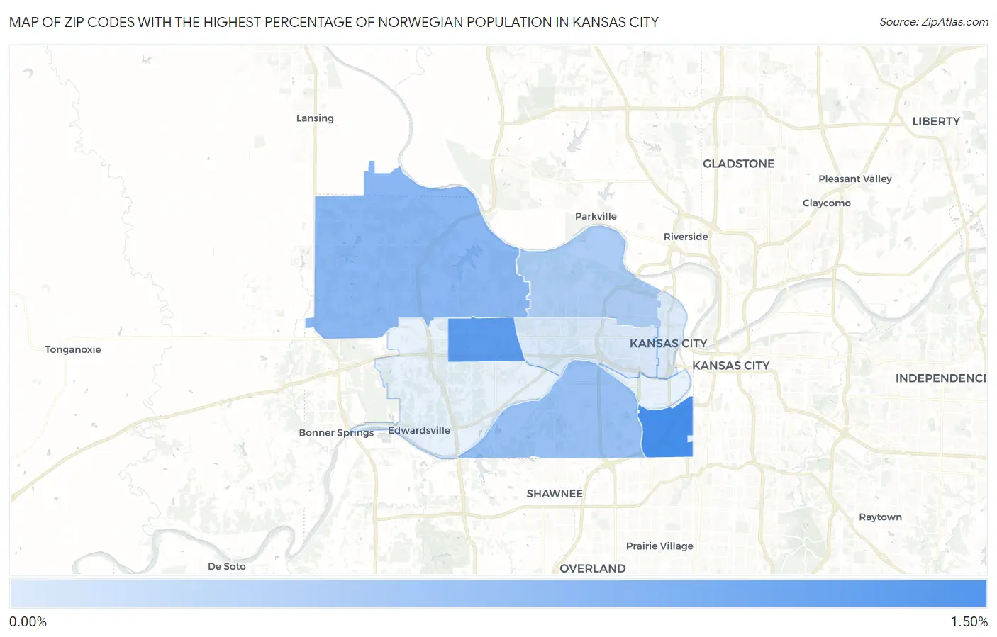 Zip Codes with the Highest Percentage of Norwegian Population in Kansas City Map