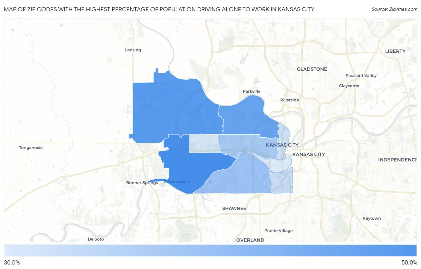 Zip Codes with the Highest Percentage of Population Driving Alone to Work in Kansas City Map