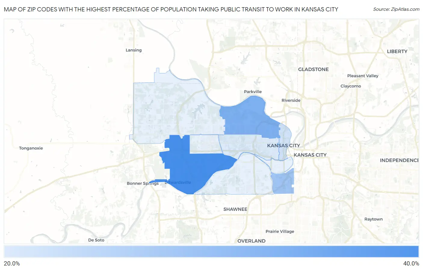 Zip Codes with the Highest Percentage of Population Taking Public Transit to Work in Kansas City Map