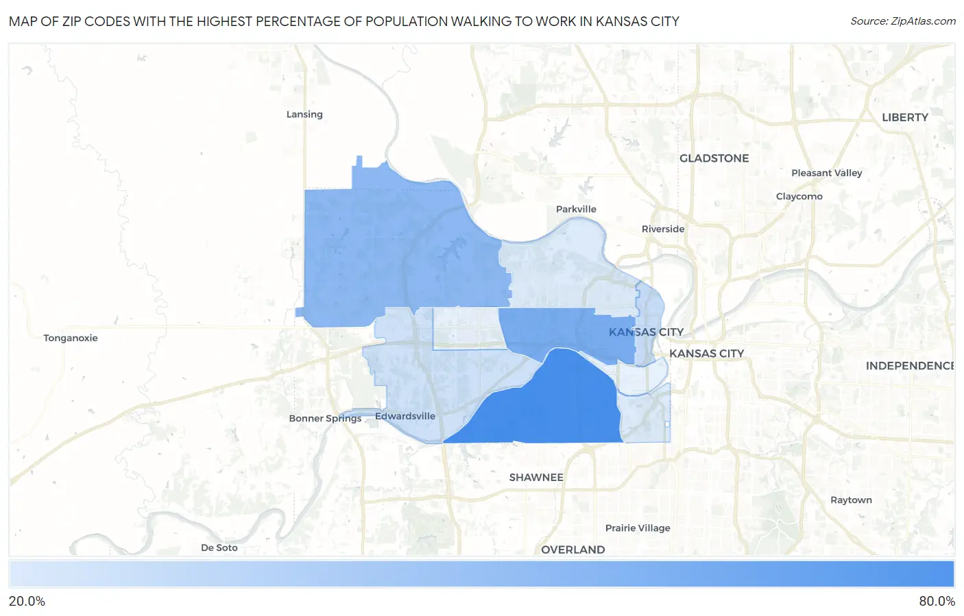 Zip Codes with the Highest Percentage of Population Walking to Work in Kansas City Map