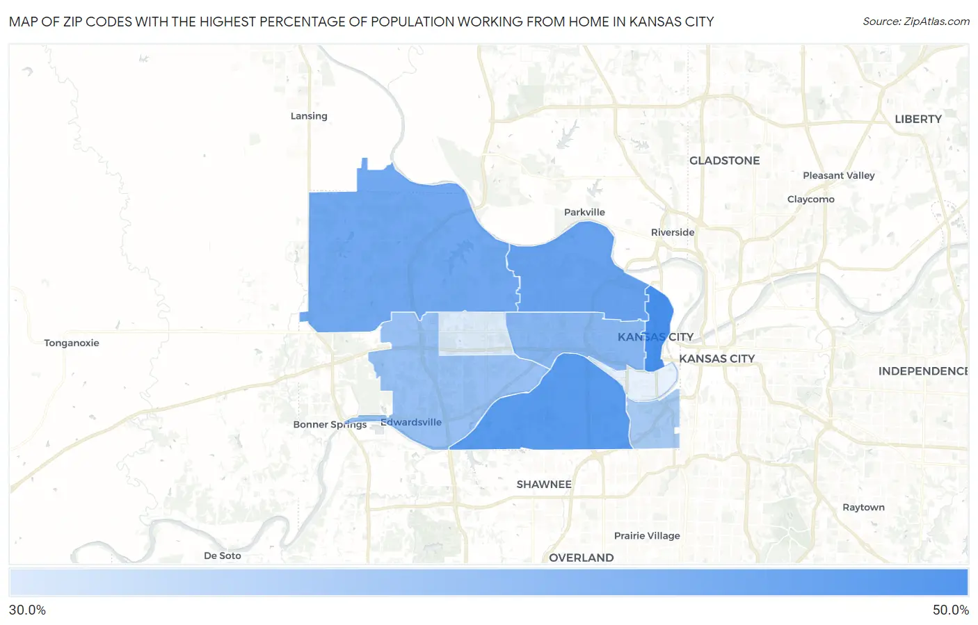 Zip Codes with the Highest Percentage of Population Working from Home in Kansas City Map