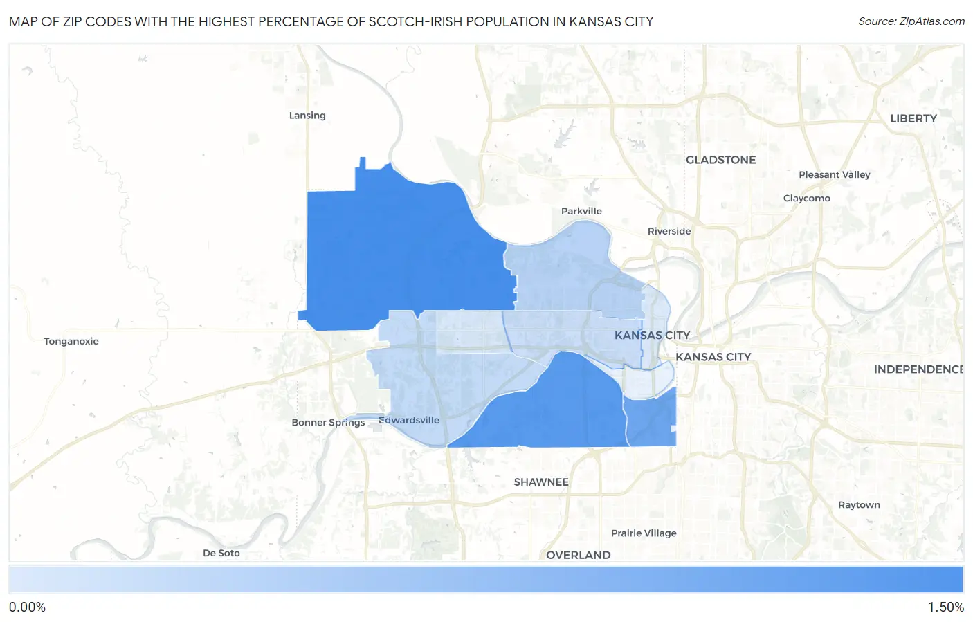 Zip Codes with the Highest Percentage of Scotch-Irish Population in Kansas City Map