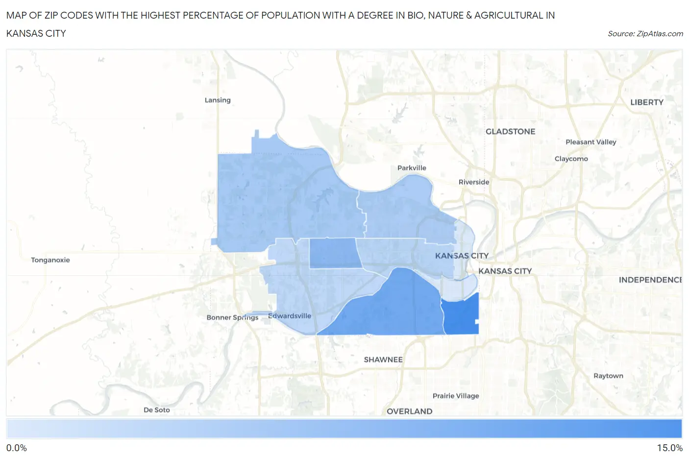 Zip Codes with the Highest Percentage of Population with a Degree in Bio, Nature & Agricultural in Kansas City Map