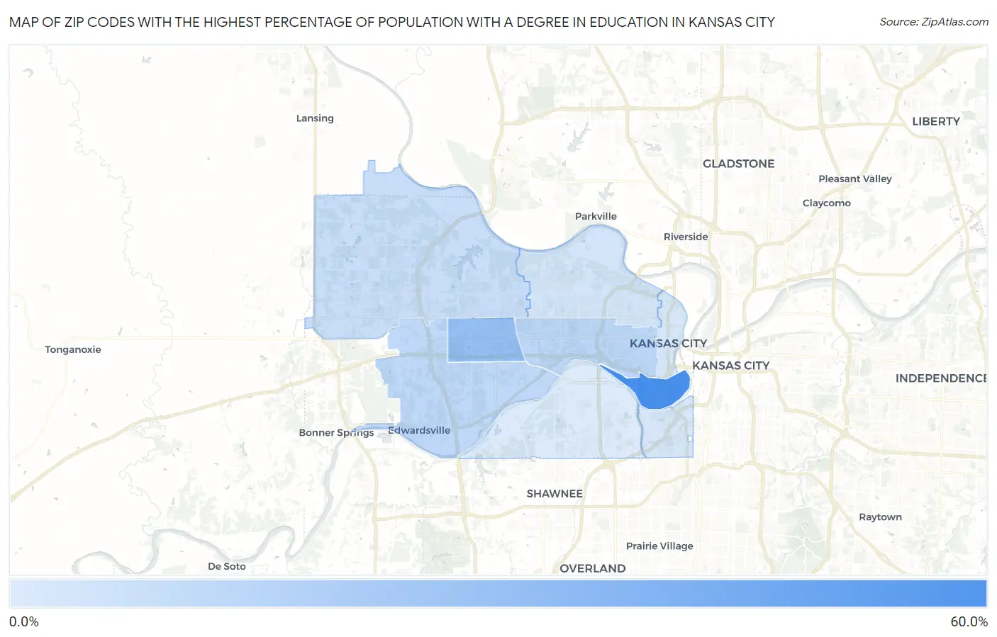 Zip Codes with the Highest Percentage of Population with a Degree in Education in Kansas City Map