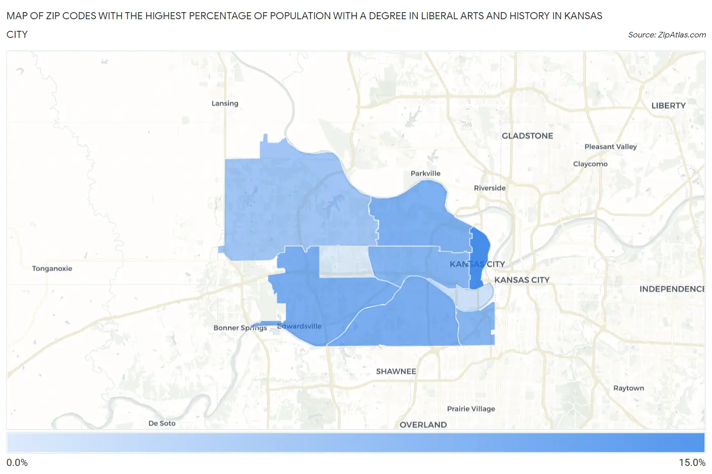 Zip Codes with the Highest Percentage of Population with a Degree in Liberal Arts and History in Kansas City Map