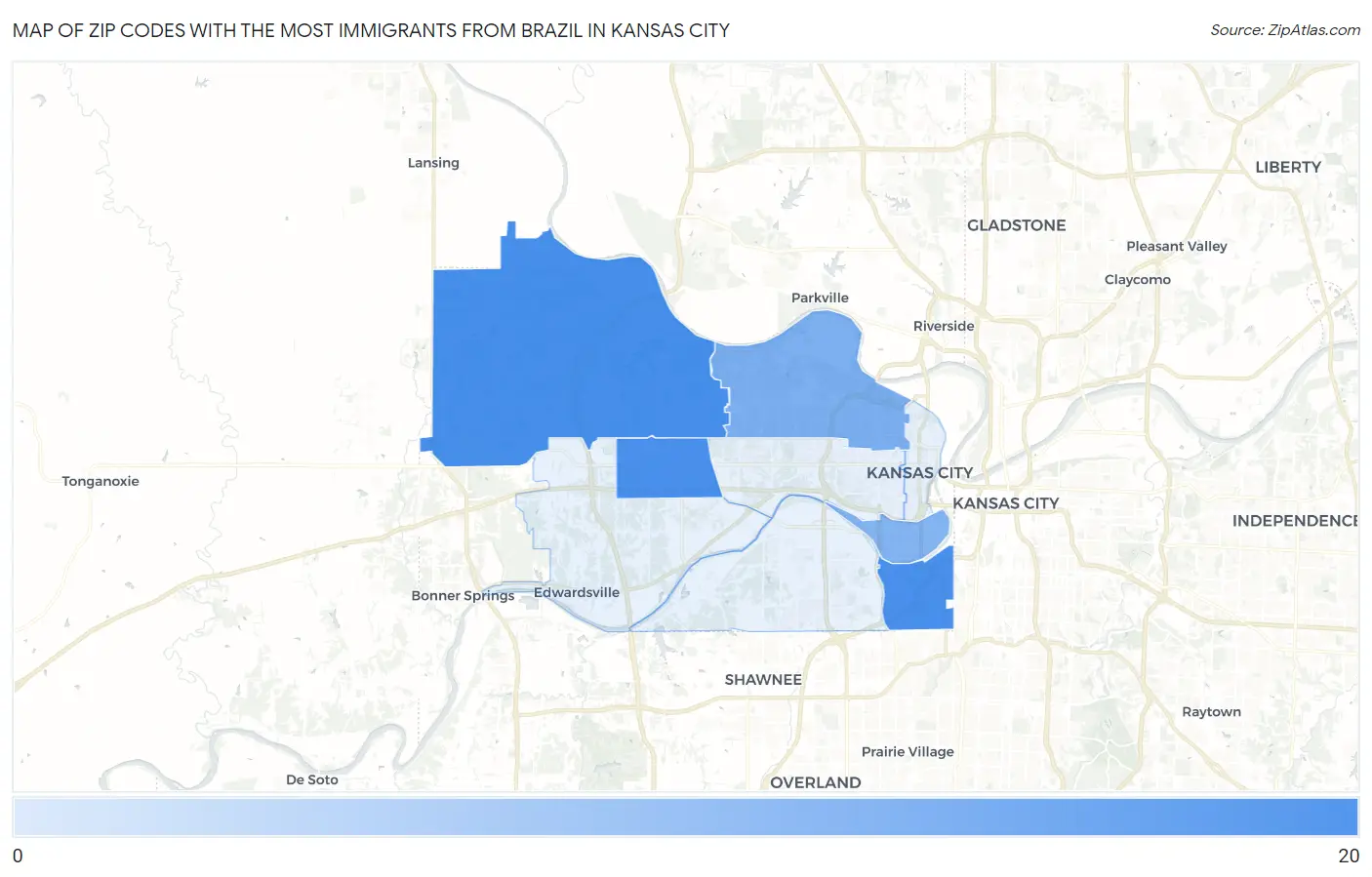 Zip Codes with the Most Immigrants from Brazil in Kansas City Map