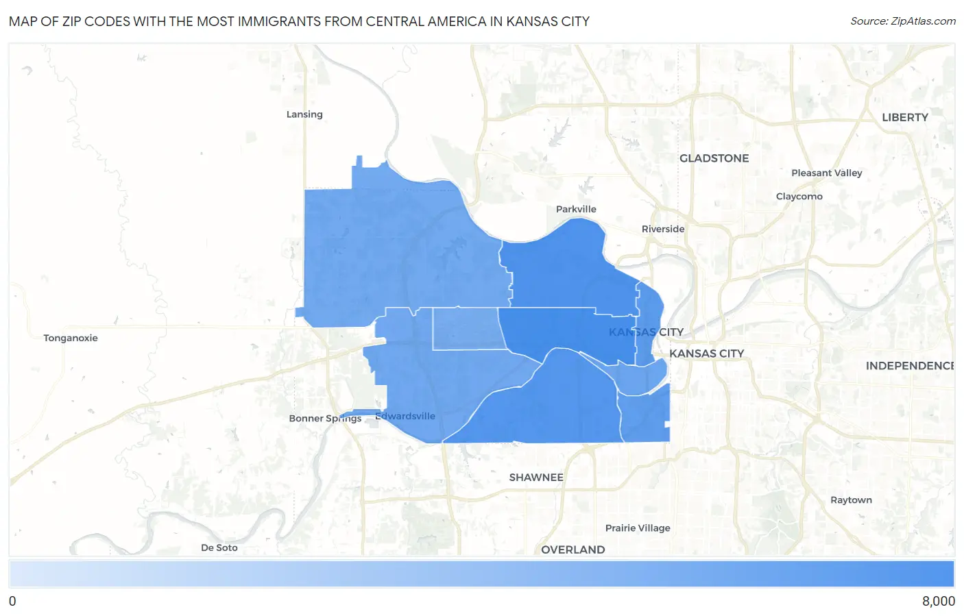 Zip Codes with the Most Immigrants from Central America in Kansas City Map