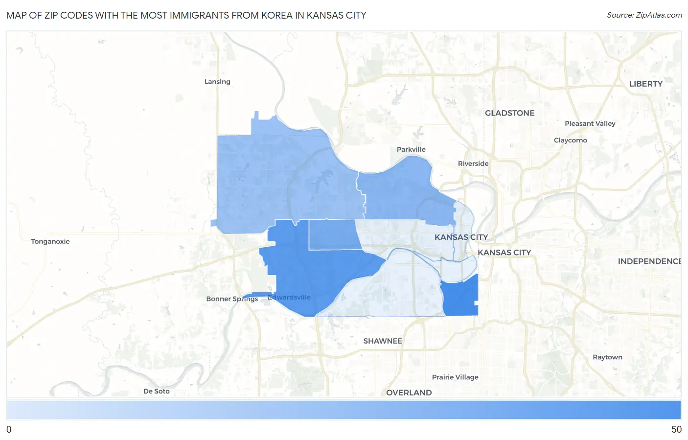 Zip Codes with the Most Immigrants from Korea in Kansas City Map