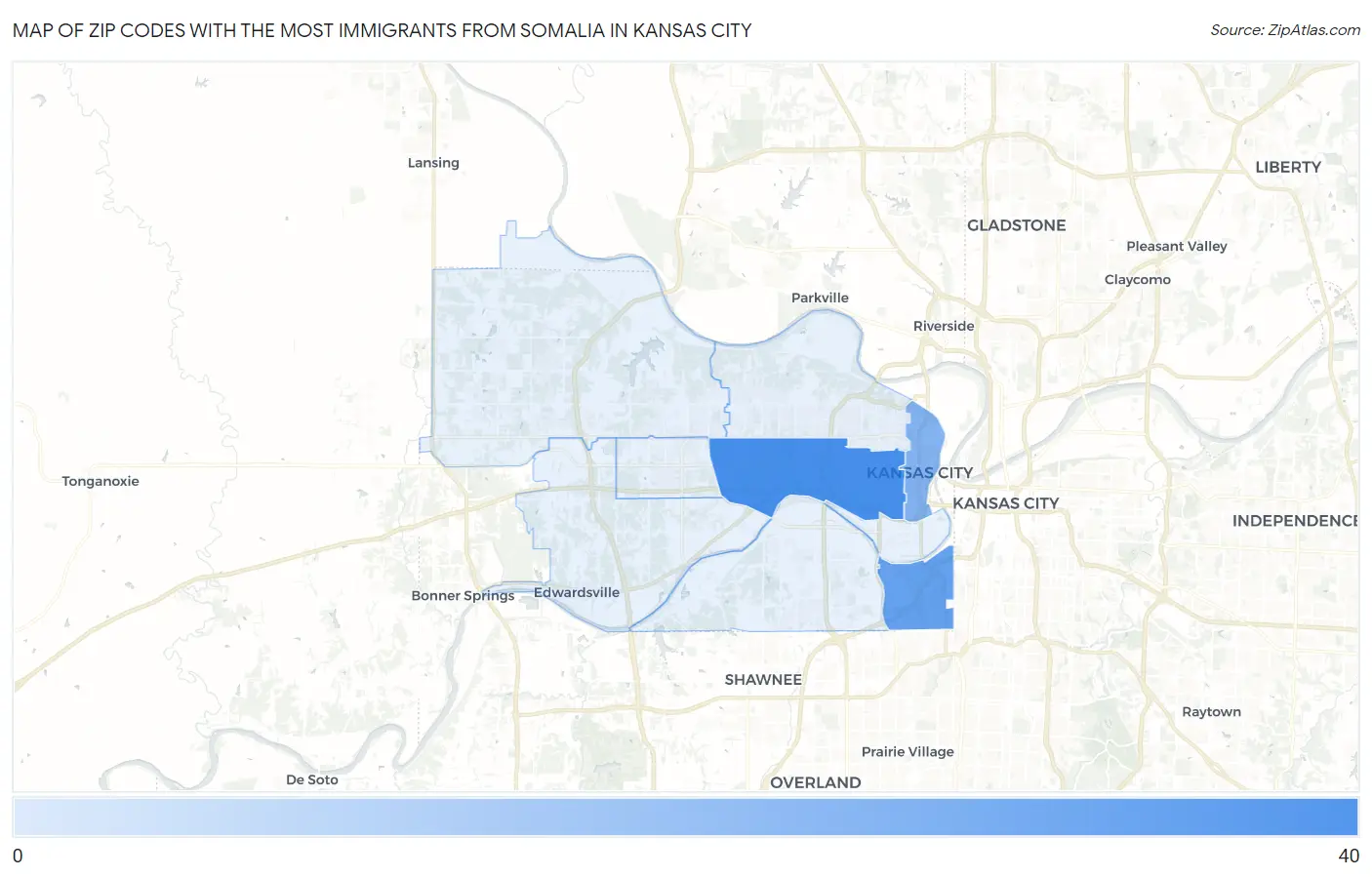 Zip Codes with the Most Immigrants from Somalia in Kansas City Map