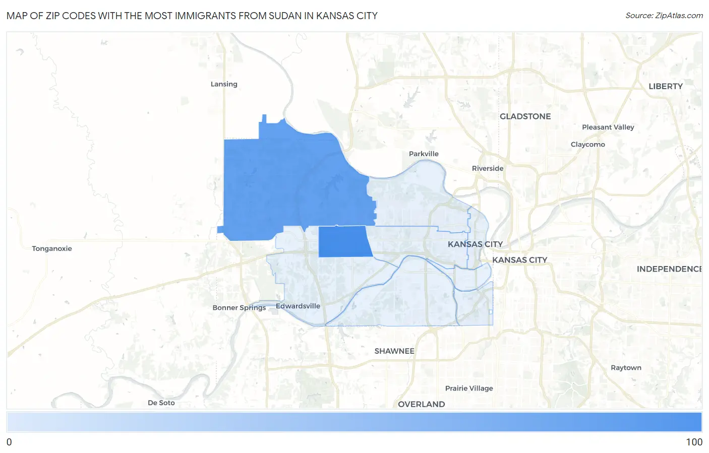 Zip Codes with the Most Immigrants from Sudan in Kansas City Map