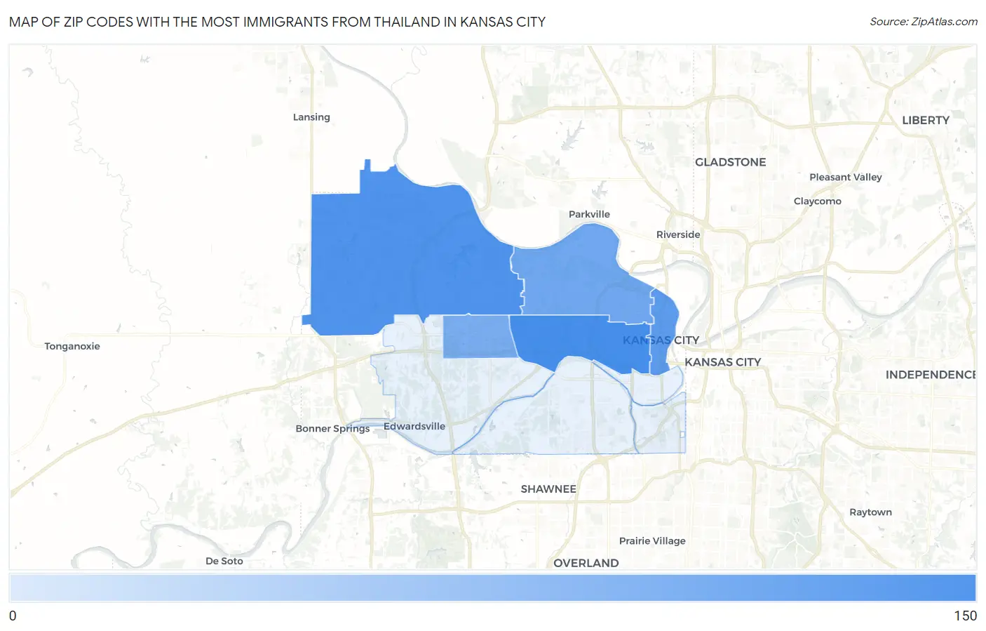 Zip Codes with the Most Immigrants from Thailand in Kansas City Map