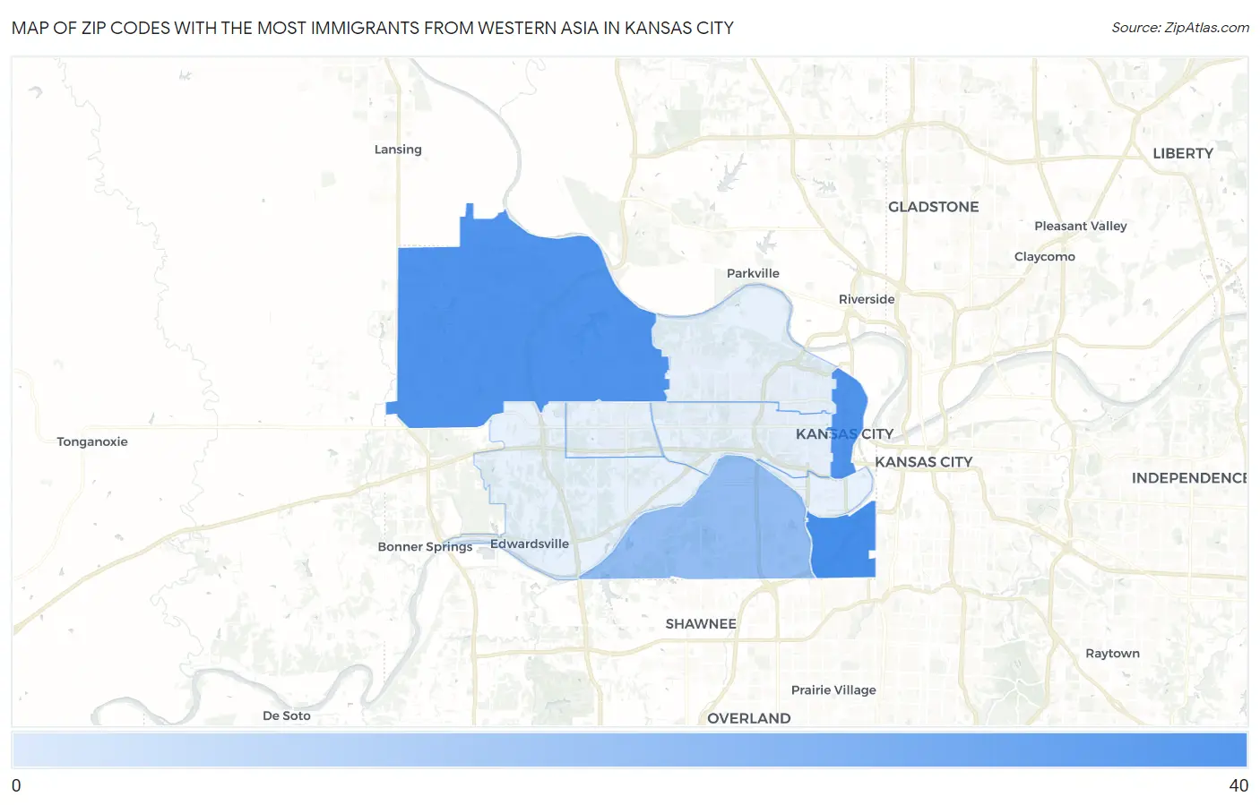 Zip Codes with the Most Immigrants from Western Asia in Kansas City Map