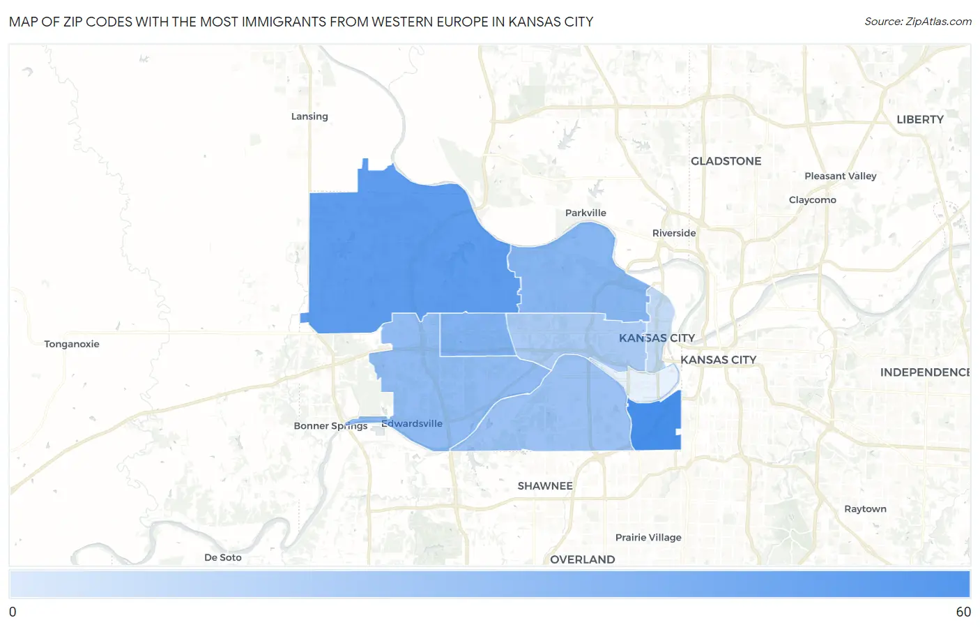 Zip Codes with the Most Immigrants from Western Europe in Kansas City Map