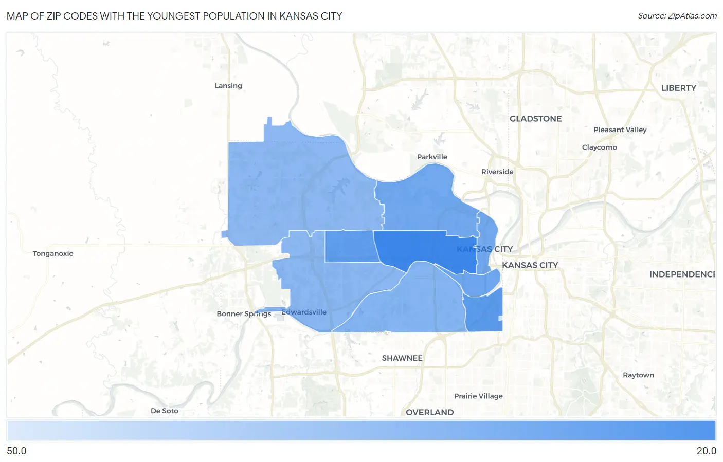 Zip Codes with the Youngest Population in Kansas City Map