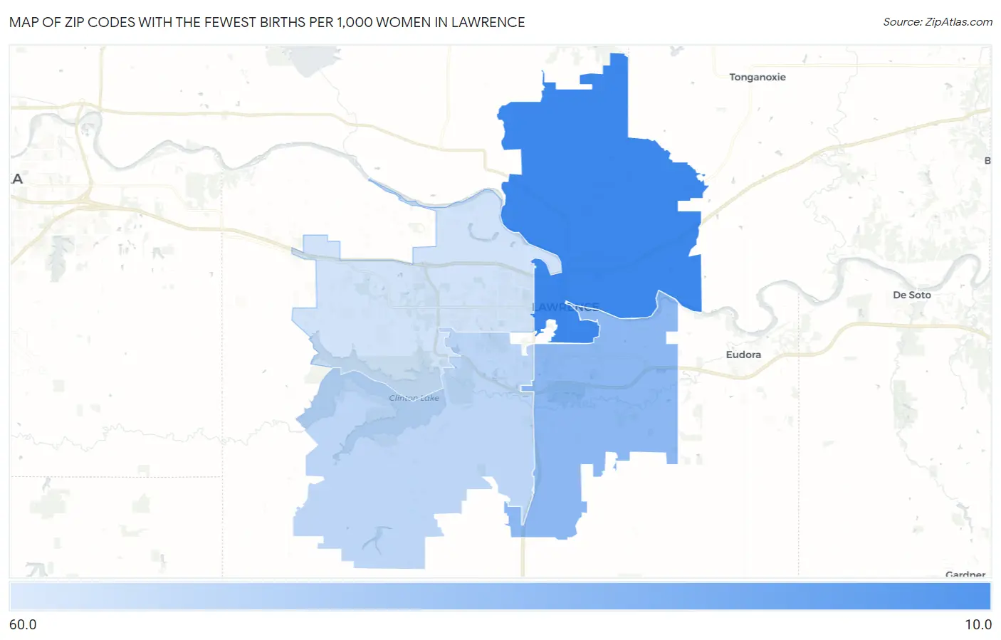 Zip Codes with the Fewest Births per 1,000 Women in Lawrence Map