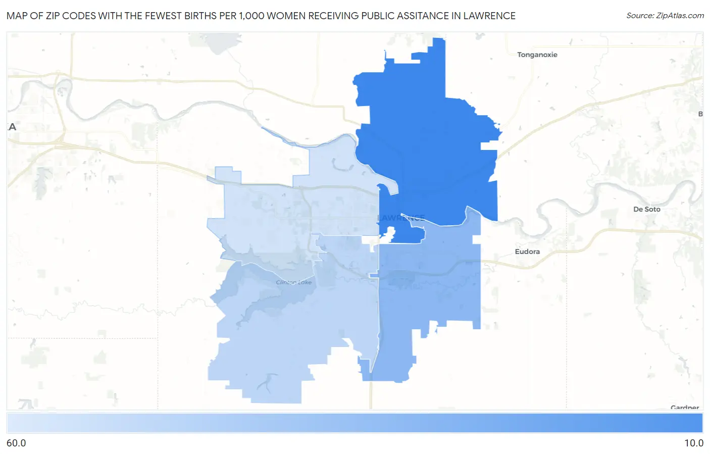 Zip Codes with the Fewest Births per 1,000 Women Receiving Public Assitance in Lawrence Map