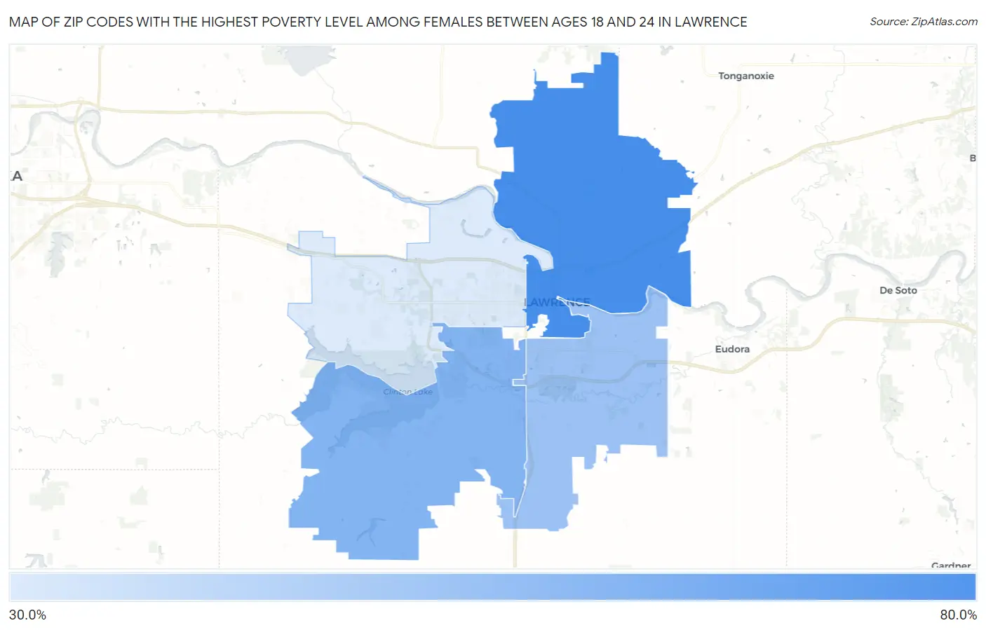 Zip Codes with the Highest Poverty Level Among Females Between Ages 18 and 24 in Lawrence Map