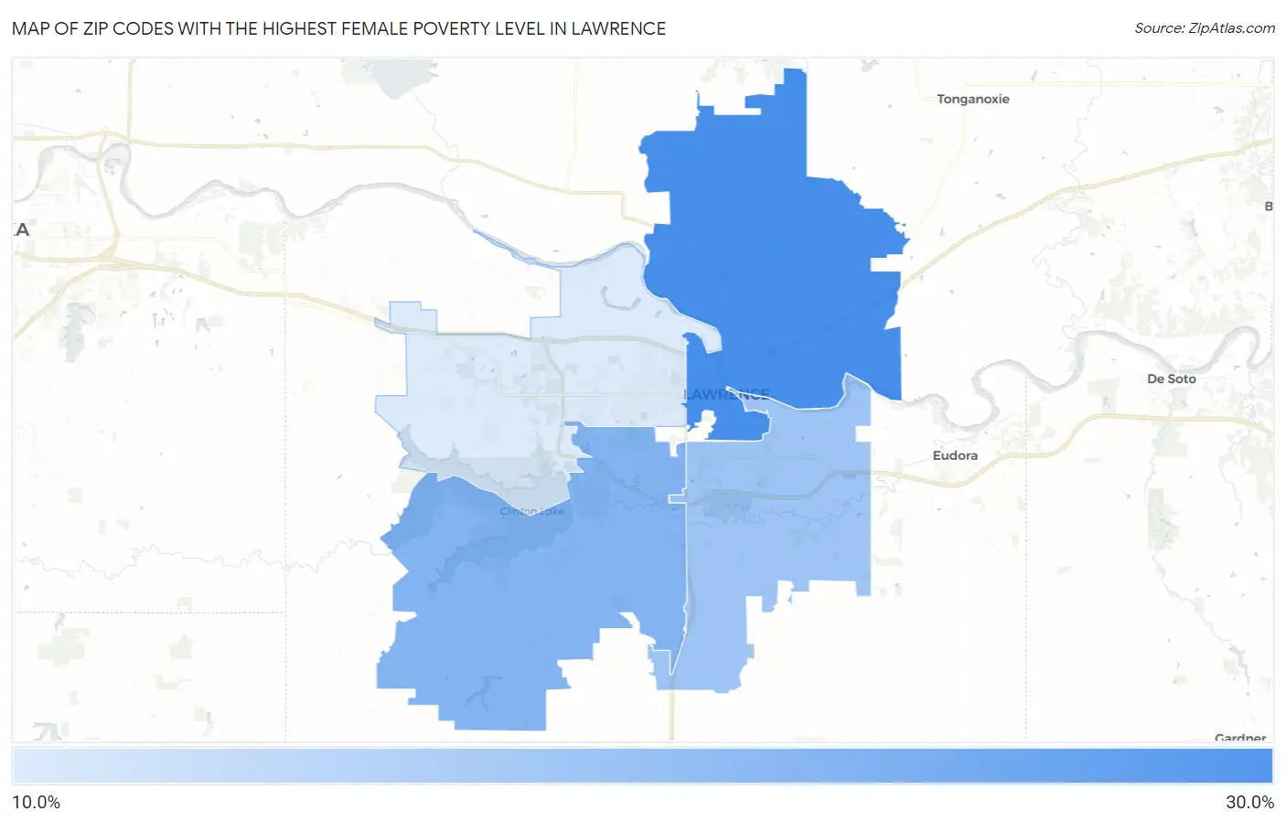Zip Codes with the Highest Female Poverty Level in Lawrence Map