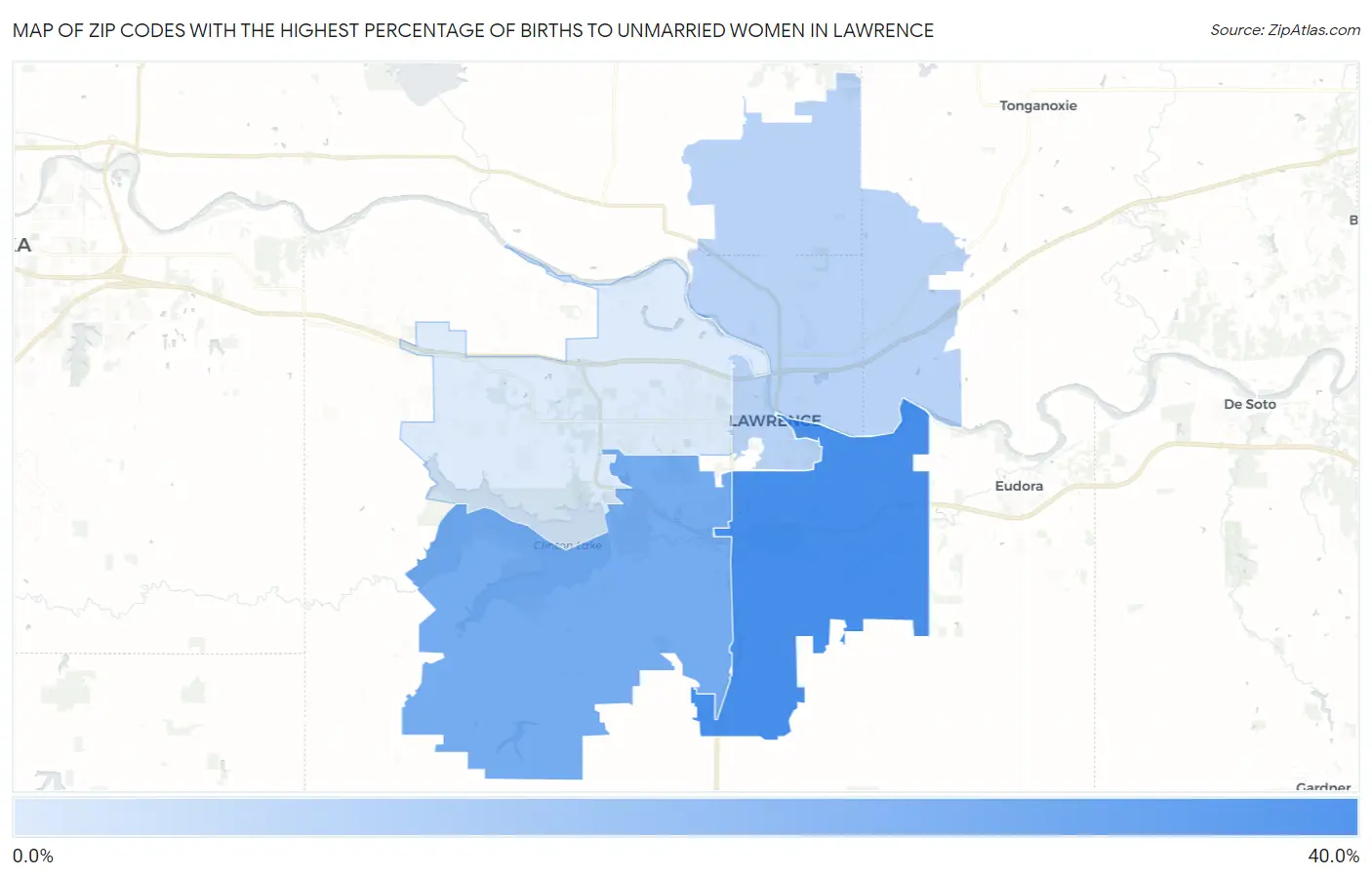 Zip Codes with the Highest Percentage of Births to Unmarried Women in Lawrence Map