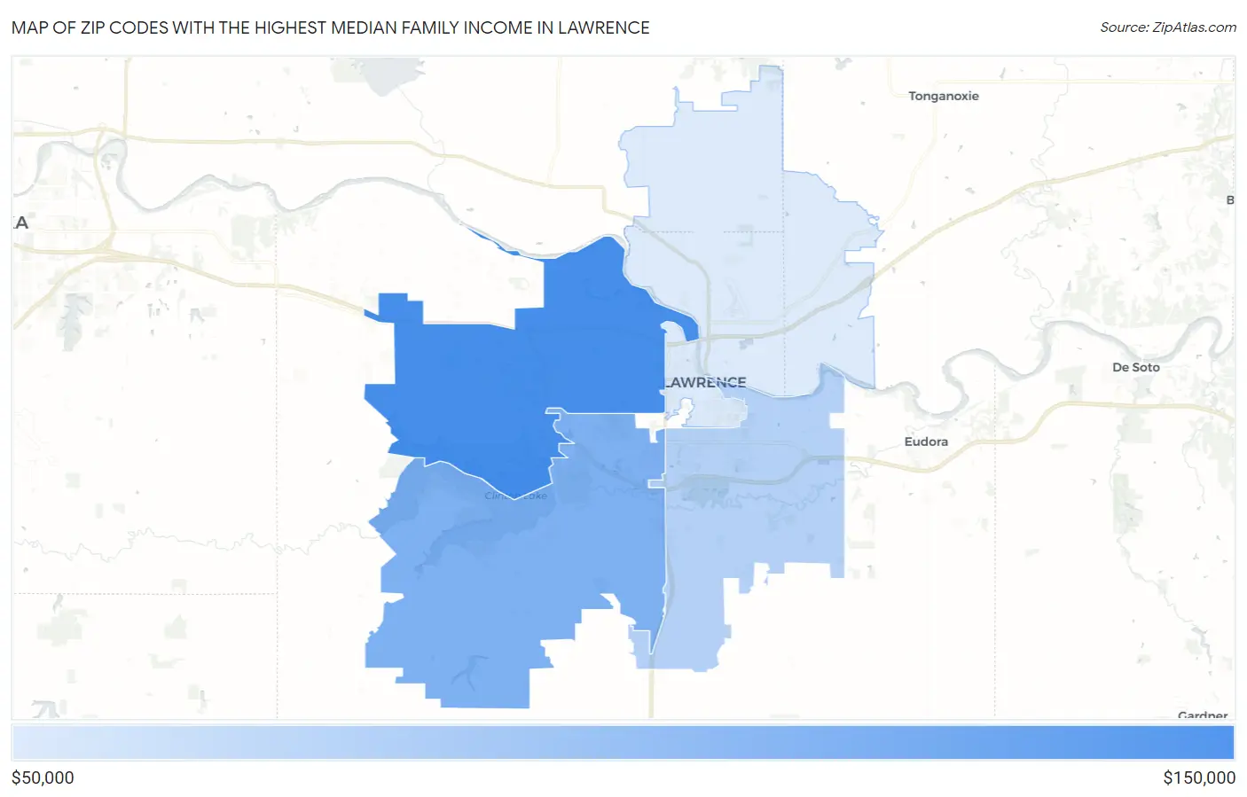 Zip Codes with the Highest Median Family Income in Lawrence Map