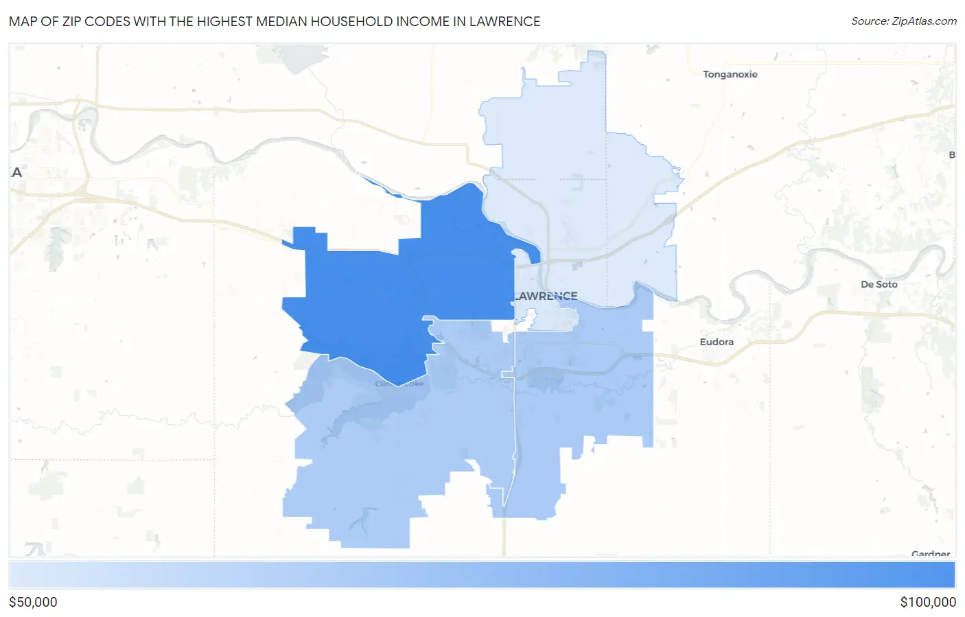 Zip Codes with the Highest Median Household Income in Lawrence Map