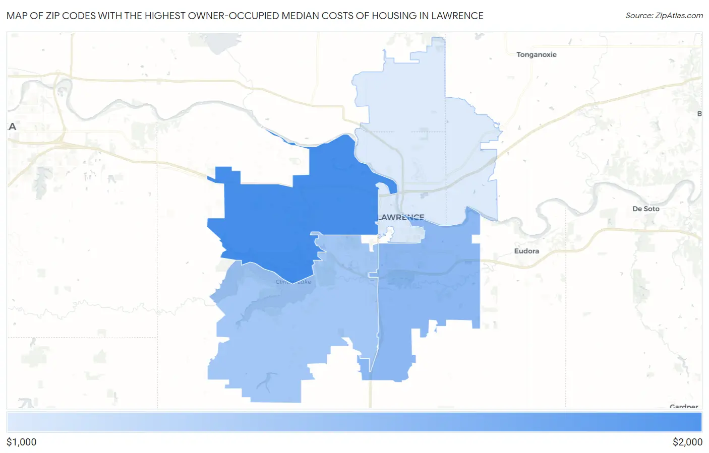 Zip Codes with the Highest Owner-Occupied Median Costs of Housing in Lawrence Map