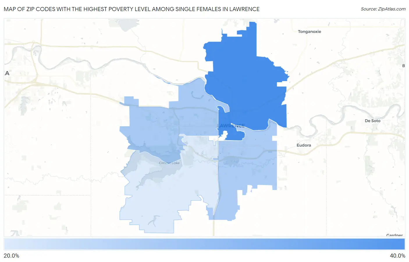 Zip Codes with the Highest Poverty Level Among Single Females in Lawrence Map