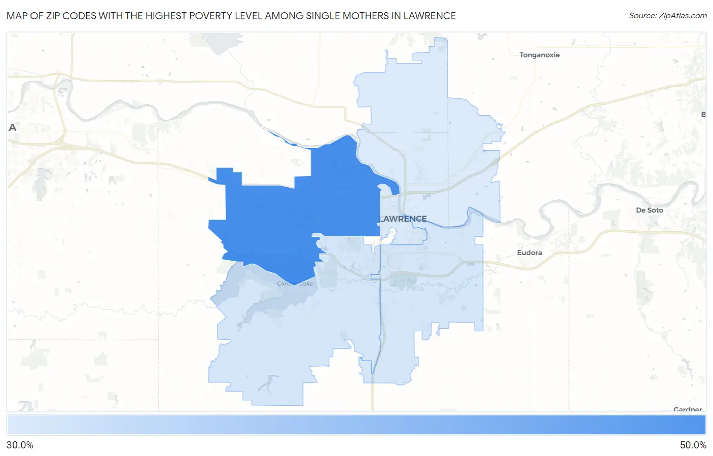 Zip Codes with the Highest Poverty Level Among Single Mothers in Lawrence Map