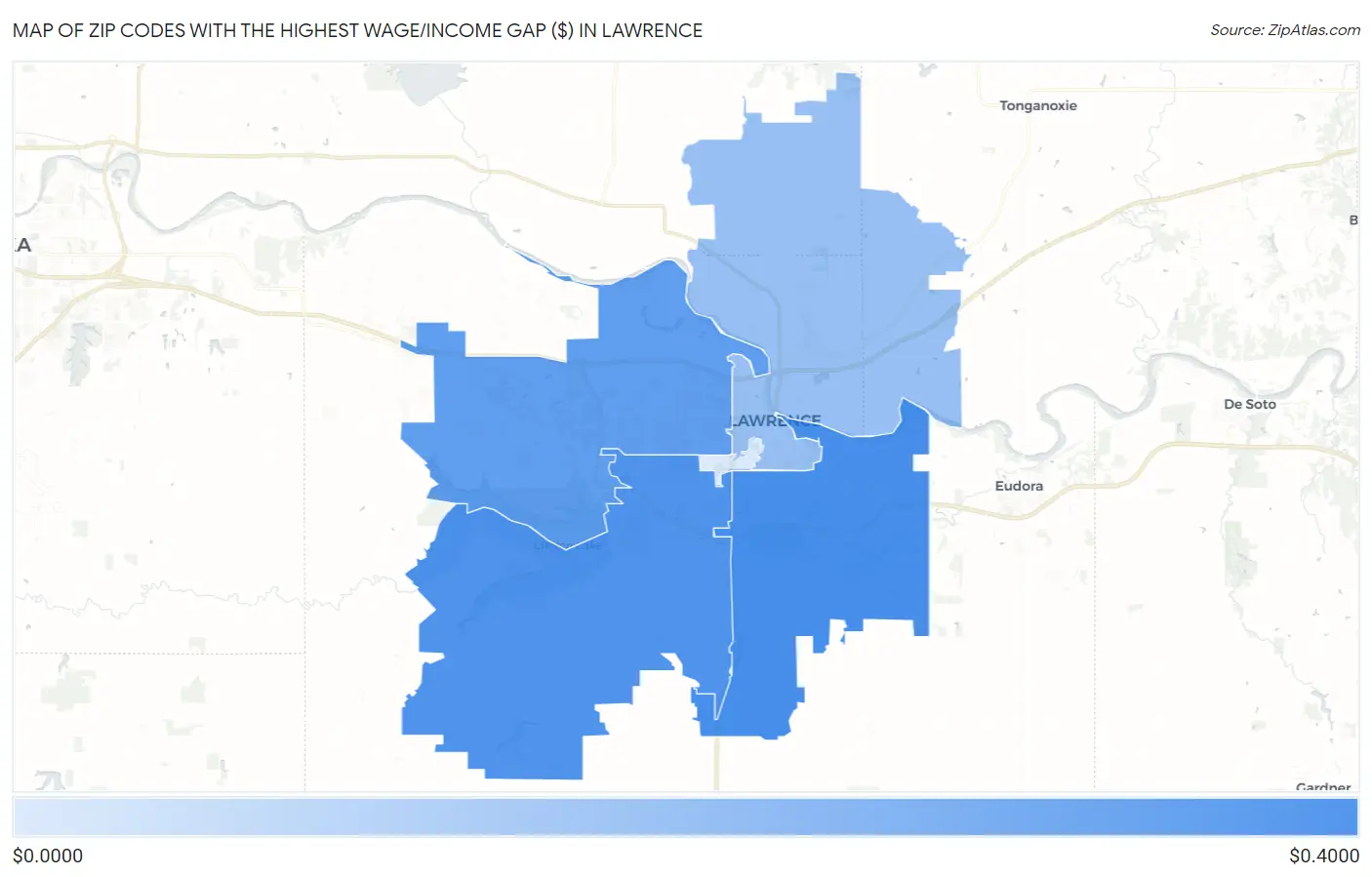 Zip Codes with the Highest Wage/Income Gap ($) in Lawrence Map