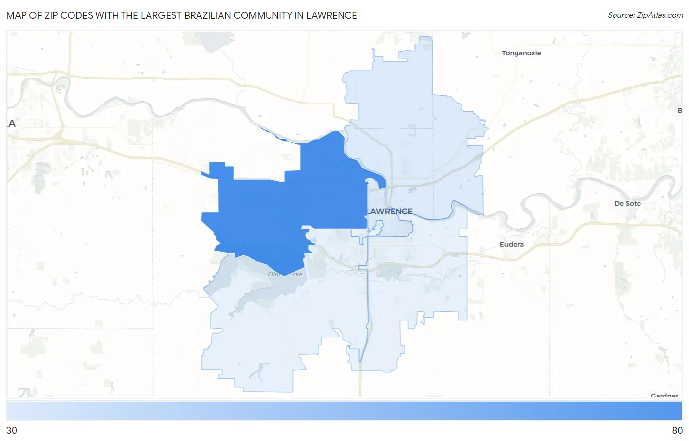 Zip Codes with the Largest Brazilian Community in Lawrence Map