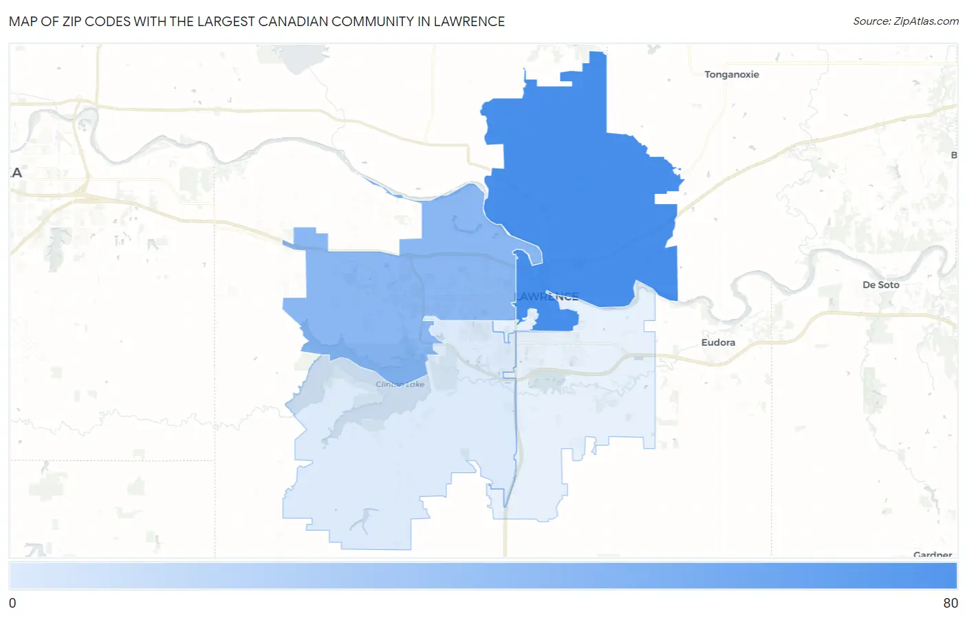 Zip Codes with the Largest Canadian Community in Lawrence Map