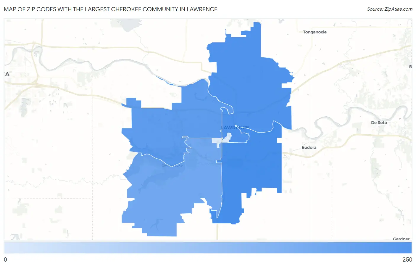 Zip Codes with the Largest Cherokee Community in Lawrence Map